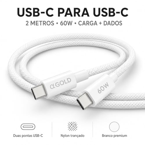 Cabo USB-C para USB-C 2 Metros 60W, Nylon Trançado Reforçado, Carga e Dados, Compatível com iPhone 15/16, Samsung Galaxy, Xiaomi, iPad, MacBook, Notebook e Tablet