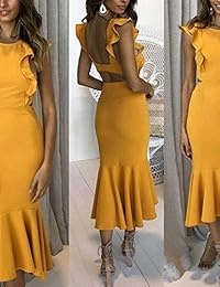 Vestidos para mujer - Sexy elegante volantes manga sin espalda Bodycon cóctel fiesta Midi sirena vestido
