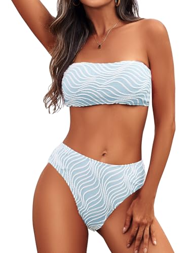 Zuvebamyo Women Strapless Bandeau High Waisted Bikini Set Lightblue L at Amazon
