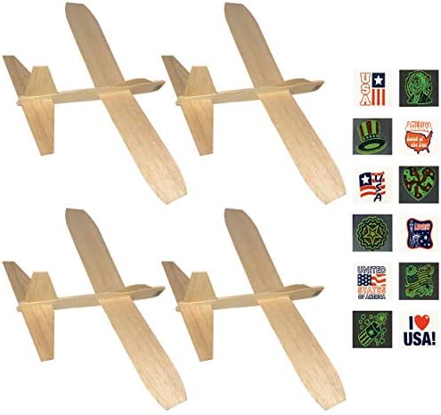 Guillows Balsa Wood Jetfire Gliders | Wooden Model Airplane Construction Kits | 12-Inch Customizable Blank DIY Flying Toy Planes | 4-Pack with 12 Glow-in-The-Dark Patriotic Tattoos from KYGON