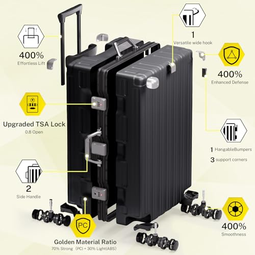 Krute Luggage PC+ABS Aluminum Frame Zipperless Checked Luggage Lightweight Hardshell Large Suitcase with TSA Lock Spinner Wheels 28 Inch Black
