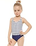Little Girls Stripe Floral Swimwear Cross Back One Piece Swimsuit Bathing Suit