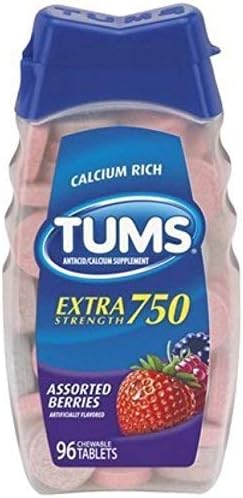 Tums Antacid/Calcium Supplement, Extra Strength 750, Chewable Tablets, Assorted Berries 96 tablets by TUMS (Original Version)