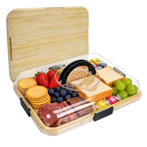 Tabla de Quesos con Tapa Transparente Antipolvo, Tabla Charcuteria Portátil con Asa y Seguro, 6 Divisiones, Reversible de Bambú - Ideal para Picnics, Fiestas, Camping y como Regalo para Casa Nueva