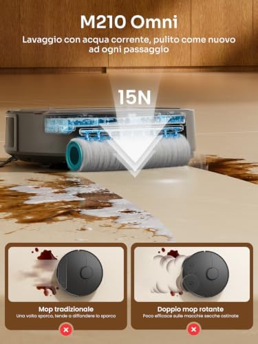 M210 Omni Robot Aspirapolvere Lavapavimenti con Rullo 20000Pa Anti Groviglio, Aspirapolvere Robot con Lavaggio ad Acqua Pulita, Contenitore 800ml, Ultra Sottile 85mm per Peli Animali, Grigio