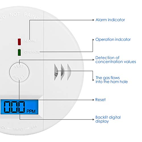 Carbon Monoxide Gas Detection,CO Detector Alarm LCD Portable Security Gas CO Monitor,Battery Powered,Alarm Clock Warning (9V Battery not Included) (UL2034)