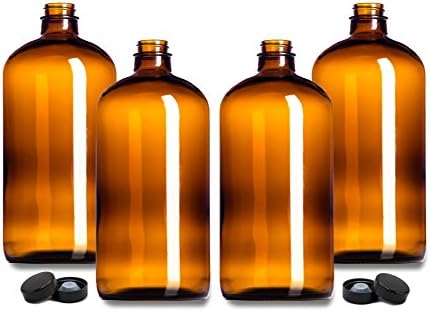 Hemlock Park 32-Ounce Growler Bottles | 1 Quart Boston Round Glass For Home Brewing Kombucha, Wine, Beer (4 Bottles &amp; 4 Caps, Amber Glass)