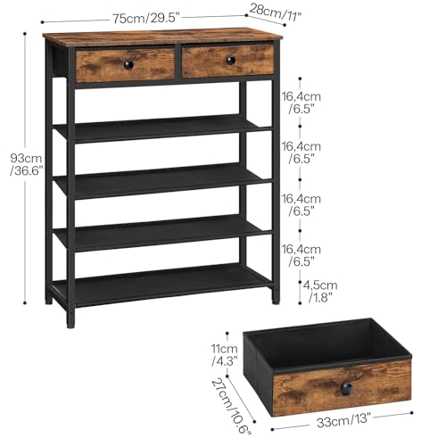 HOOBRO 5 Tier Shoe Racks for Entryway, Free Standing Shoe Shelf with 2 Non-Woven Drawers, Narrow Shoe Rack Shoe Organizer with 4 Oxford Shelves, 12-16 Pair of Shoe, Rustic Brown EBF78XJ01