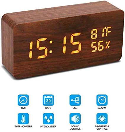 IDABAY Digital Alarm Clock Wooden Clocks LED 3 Brightness Adjustable Settings Voice Control Dual Power Timer Date Temperature Humidity for Home Bedroom Office (Brown, Rectangle)