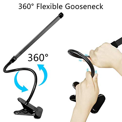 USB LED Desk Clip Light - 10W Bright Book Light Clip on for Bed Night Reading,Steel Gusseneck Clip Lamp for Work/Music/Art Studio with 3 Lighting Modes 10-Level Dimmer Light,Adapter Included (Black)