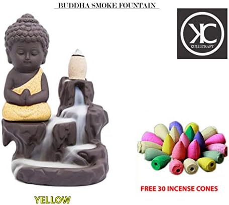 KC Kullicraft Meditating Monk Buddha Smoke Backflow Cone Incense Decorative Showpiece with 30 Smoke Backflow Cone Incenses (Yellow)