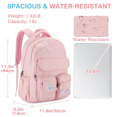 VASCHY Pink School Backpack Large 18 L Waterproof for School, Girl 8-12 Years, 30 × 14 × 44 cm