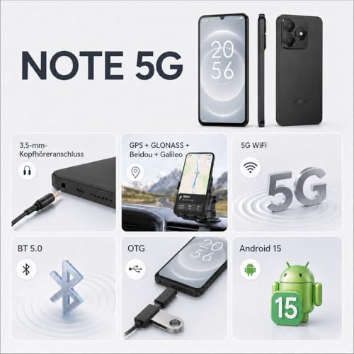 invens Note 5G Mobile Phone Without Contract + Bluetooth Headphones, 24GB + 256GB/1TB Android 15 Smartphone, 6.75 Inch HD+ Display, 5280mAh 64MP + 16MP, Dual SIM/Face ID/NFC/Fingerprint/3.5 mm Jack
