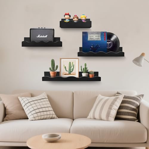 Kldgris Set of 4 Wall Shelves, Floating Shelves, Wood Hanging Shelves, Different Sizes, for Wall Decor, Living Room, Home Office, Bathroom, Kitchen (Black)