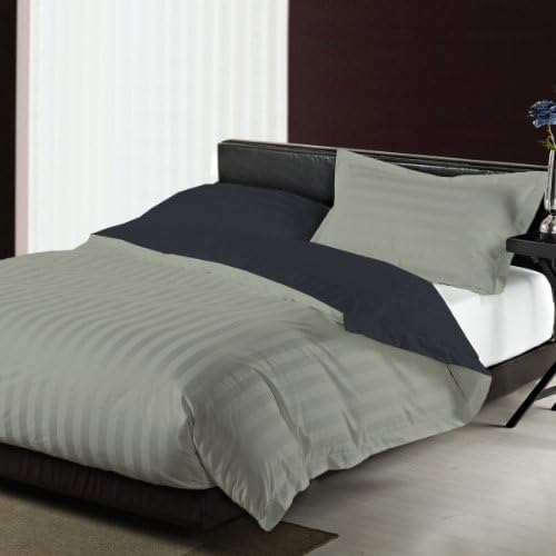 FINE LECHO 800 Thread Count Pure 100% Egyptian Cotton 3-Piece Stripe Reversible Duvet Quilt Cover Set with Zipper Closure Soft &amp; Luxurious Stripe (Olympic Queen, Silver Grey &amp; Elephant Grey)