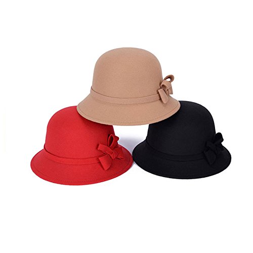 Freedi Bowler Hat Fedora Hats Dress Up Derby Hats Wide Brim Bow for Costume Adults Women Winter (Red) - Thumbnail 2