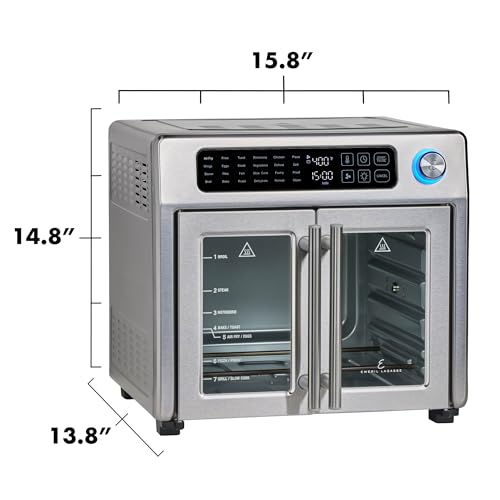 Emeril Lagasse Combo de horno tostador y freidora de aire con puerta francesa extra grande, 24 funciones de cocción y controles digitales, 7 accesorios incluidos, acabado en acero inoxidable, capacidad de 26 cuartos