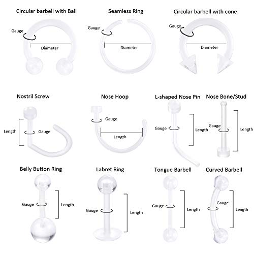 Oveta 55pcs Clear Piercing Retainers Flexible Bioflex 14G 16G 20G Navel