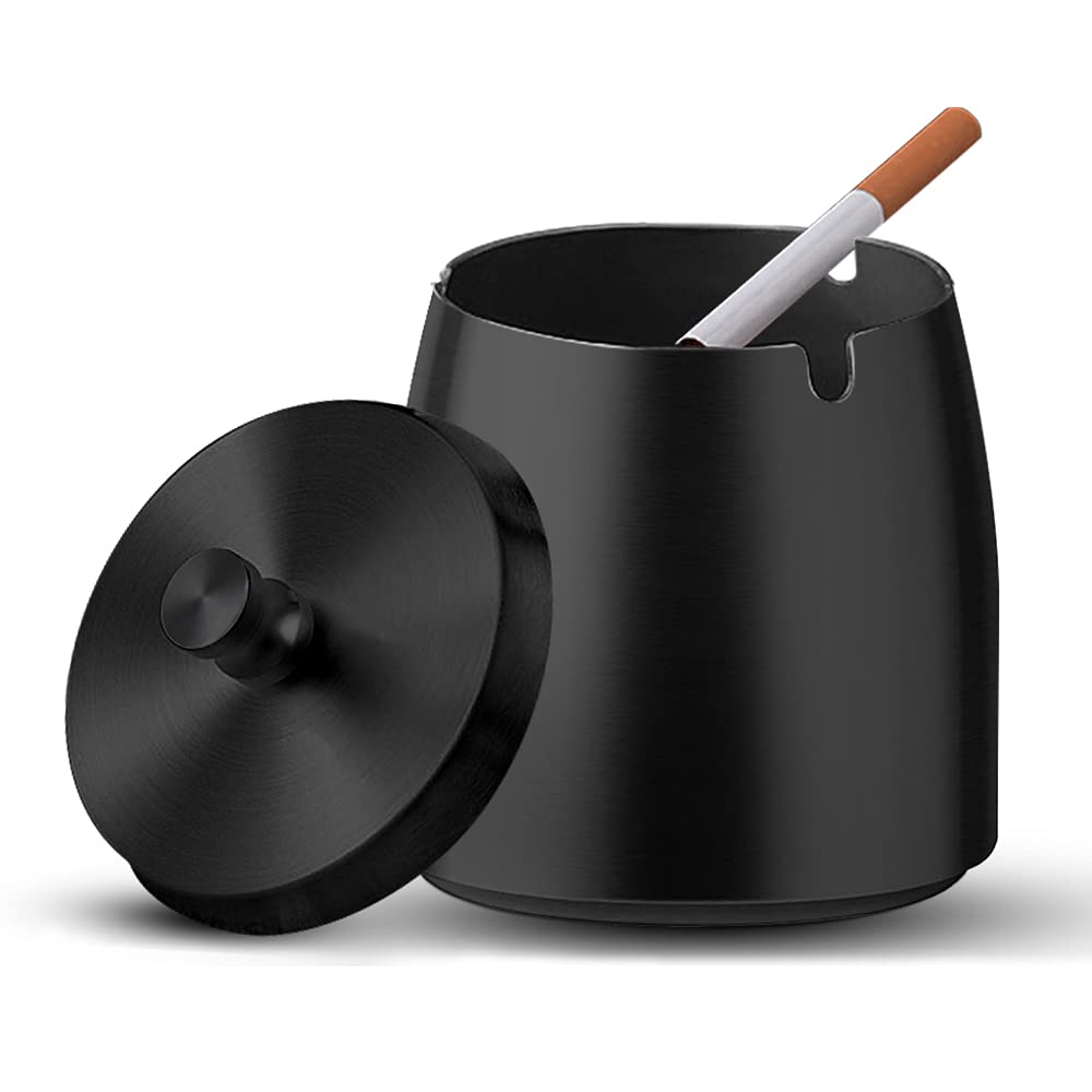 Metal Cigar Ashtray With Lid - Windproof Rainproof Outdoor Cigarette Ash Tray, Modern Stainless Steel Large Deep Unbreakable for House Outside Garden Indoor Home Office Bar (Black)