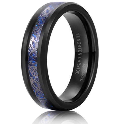 King Will DRAGON Unisex 6mm Black Celtic Dragon Blue Carbon Fiber Tungsten Carbide Ring Comfort Fit8.5