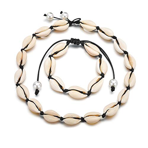 JKJF Shell Necklace, Natural Sea Shell Choker Adjustable Handmade Shell Anklet Boho Necklaces Bracelet Jewelry Set for Women Girls - Black Style 1 - Thumbnail 3