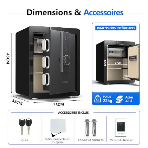 22 kg Heavy Duty Steel Safe 52 L Electronic Safe with Footprint, Digital Code and Key for Home and Office, Ideal for Jewellery, Money and A4 Documents, Instructions in French (Black, 52L)
