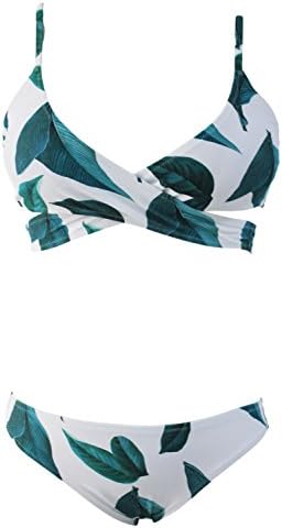 Tropical Green Leaf Print Cross Top Bikini Set Cover up Swimsuit for Women 2017 New Swimsuit (US 8-10)M, Leaf2)