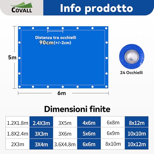 COVALL Blue Tarpaulin 5 x 6 m 115 g/m² Tear-resistant Waterproof Tarpaulin for Heavy Loads with Eyelets for Camping, Garden, Roof Cover and Warehouse