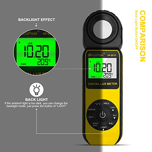 41IHBHtQp2L HOLDPEAK HP 881D Digital Light Meter with 0.01-400,000 Lux /1-40,000 FC Measuring Ranges and 270° Rotatable Detector for… - Image 6