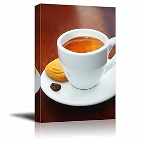 Canvas Prints Wall Art - Cup of Freshly Brewed Frothy Espresso Coffee Served with a Crisp Golden Biscuit - 12" x 18"