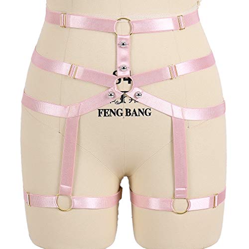 Goth Body Harness Garter Belt Stockings for Women Sexy Lingerie Elastic Suspender Belt for Women (Pink)