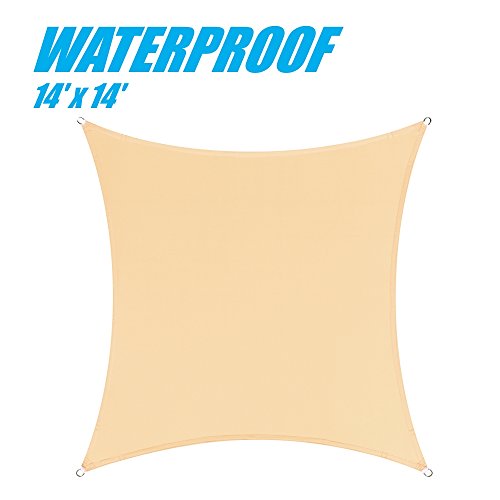 ColourTree 100% BLOCKAGE Waterproof 14' x 14' Sun Shade Sail Canopy  Square Beige - Commercial Standard Heavy Duty - 220 GSM - 4 Years Warranty (1)