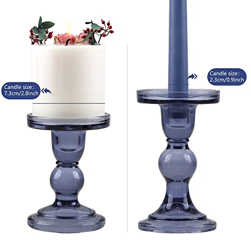 Blue Glass Candle Holder Set, QENUIITEA Set of 3 Clear Candlesticks Holders Pillar Taper Candles Tea Light Stand for Centerpieces Church Wedding Party Home Decor Dining Table