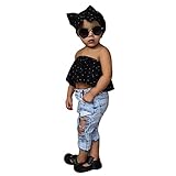 GBSELL 3pc Cool Toddler Infant Baby Girl Clothes Off Shoulder Tops Hole Pants Headband Outfits Set (Black, 4T)