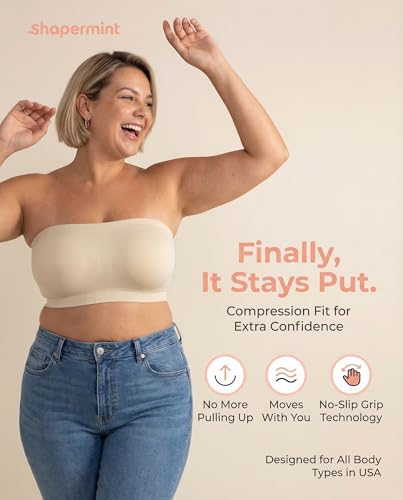 SHAPERMINT Strapless Bra, Wireless Non-Slip Bandeau, Convertible Straps, Molded Strapless Bras for Women S to Large Breasts