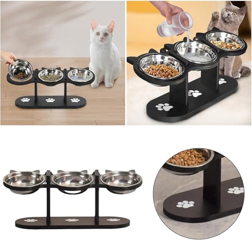 Last page® Raised Feeding Bowl, Cat and Dog Indoor with Black Stand, 3 Stainless Steel Adjustable Height Pet Feeding Set, 15° Tilt Raised Dog Bowl Stand (Black)