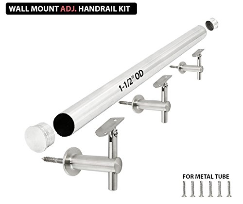 Stainless Steel 316 Wall Mount Staircase Handrail Kit: Adjustable Handrail Bracket (WB-242) for Round Tube, 1-1/2" OD Round Tubing [Custom-Made], Flat End Cap, Satin Finish, 7 Ft Length - Thumbnail 3