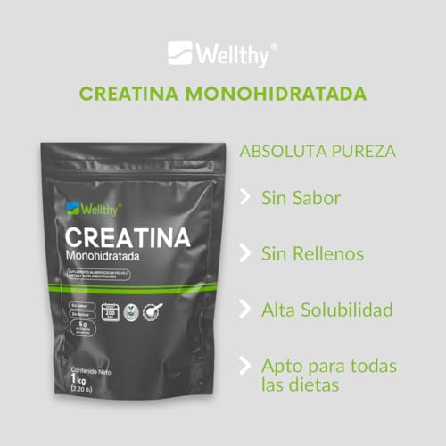 Wellthy Creatina Monohidrata Micronizada 1kg. 100% Pura, Pre Entreno Sin Sabor y Sin Azúcar, 5g de Creatina por porción, 160 días de Consumo, Scoop Incluído, Bottle Free.