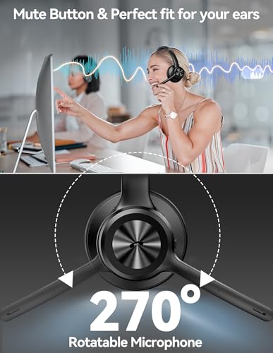 TECKNET Bluetooth Headset Wireless Headset with Microphone Noise Canceling, 50H Playtime & Mute, Wireless Headphones with Mic Bluetooth 5.2 On-Ear Headphones for Trucker Cellphone Office Call Center