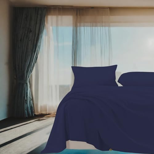 Cottonluxury Jogo de Lençol 4 peças 600 Fios Egípcio 100% Algodão Grampo Longo com Toque Acetinado - Não agride o Ambiente (Azul-marinho, Queen)