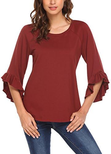 HAPLICA Women's Blouse Crew Neck 3/4 Ruffle Bell Sleeves Top Tunic Shirt