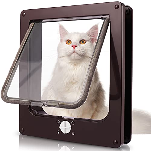 Sailnovo Cat Door 23.5 x 27 x 5.5 cm, Brown Size XL Size Cat Door with 4-Way Lock for Indoor and Outdoor Doors, Weather Resistant Pet Door