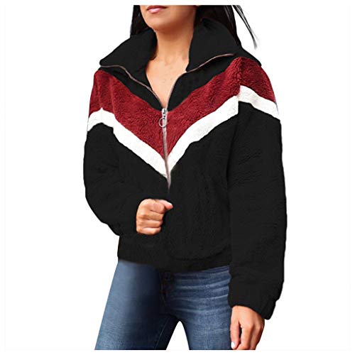 haoricu Women's Casual Long Sleeve Sweatshirt Patchwork Sherpa Fuzzy Fleece Pullover Half Zipper Jacket Coat with Pockets Black