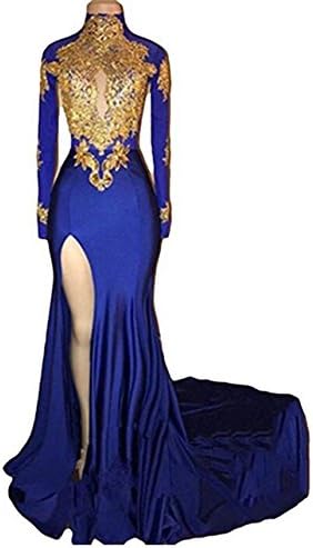 Haokeda High Neck Gold Applique Prom Dresses Mermaid Keyhole Long Sleeves Side Split Formal Part Evening Gowns(Royal Blue US 12)