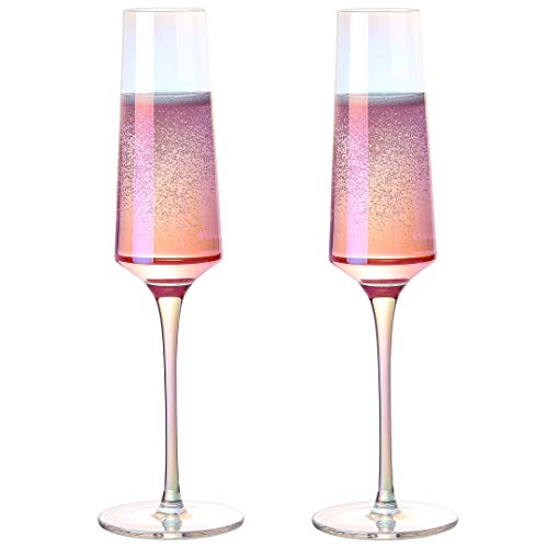 Meichu Modern Champagne Flutes Set of 2, 100% Lead Free Crystal Champagne Glasses, Hand Blown Champagne Flutes Glasses (Colorful)