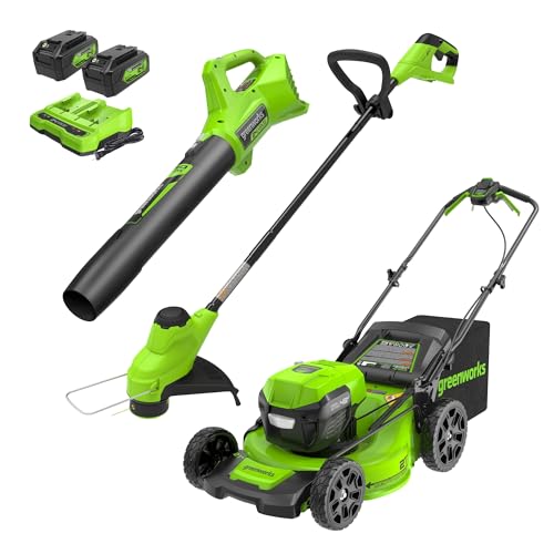 Greenworks 48V (24V x 2) 21" Brushless Self-Propelled Mower+12" String Trimmer+320CFM Blower,(2)...