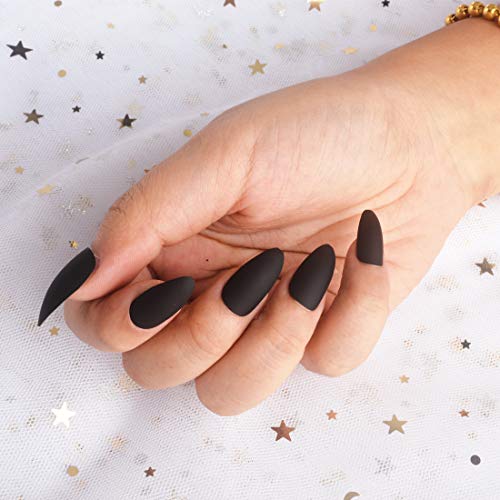 24pcs Matte Pure Color Stiletto Nails False Gel Nails Art Tips Sets Full Cover Medium Almond Shape Acrylic Fake Nail Tips Gel (Matte Black)