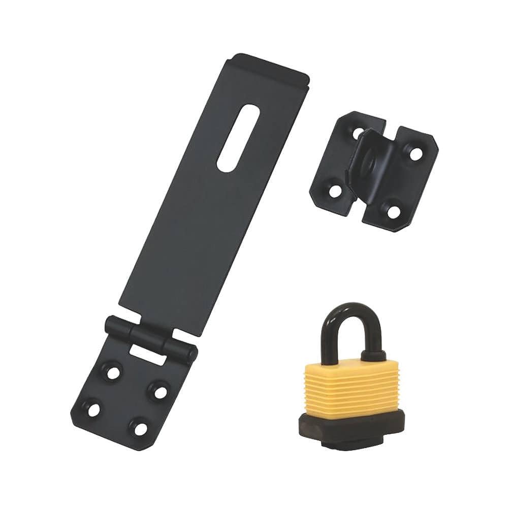 1 Set - Shed Locking Clasp with Weather Proof Padlock Set for Securing Garden Gates, Sheds & External Doors - Black Powder Coated - Hardware Solutions