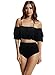 zeraca Women's High Waisted Bottom Off The Shoulder Ruffle Crop Bikini Bathing Suits