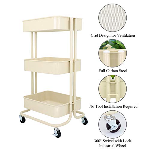 3-Tier Metal Storage Rolling Cart with Utility Mesh Basket and Wheels, Multifunction Heavy Duty Large Shelves, Mobile Organization Service Trolley for Office, Kitchen, Bedroom, Bathroom (Beige)